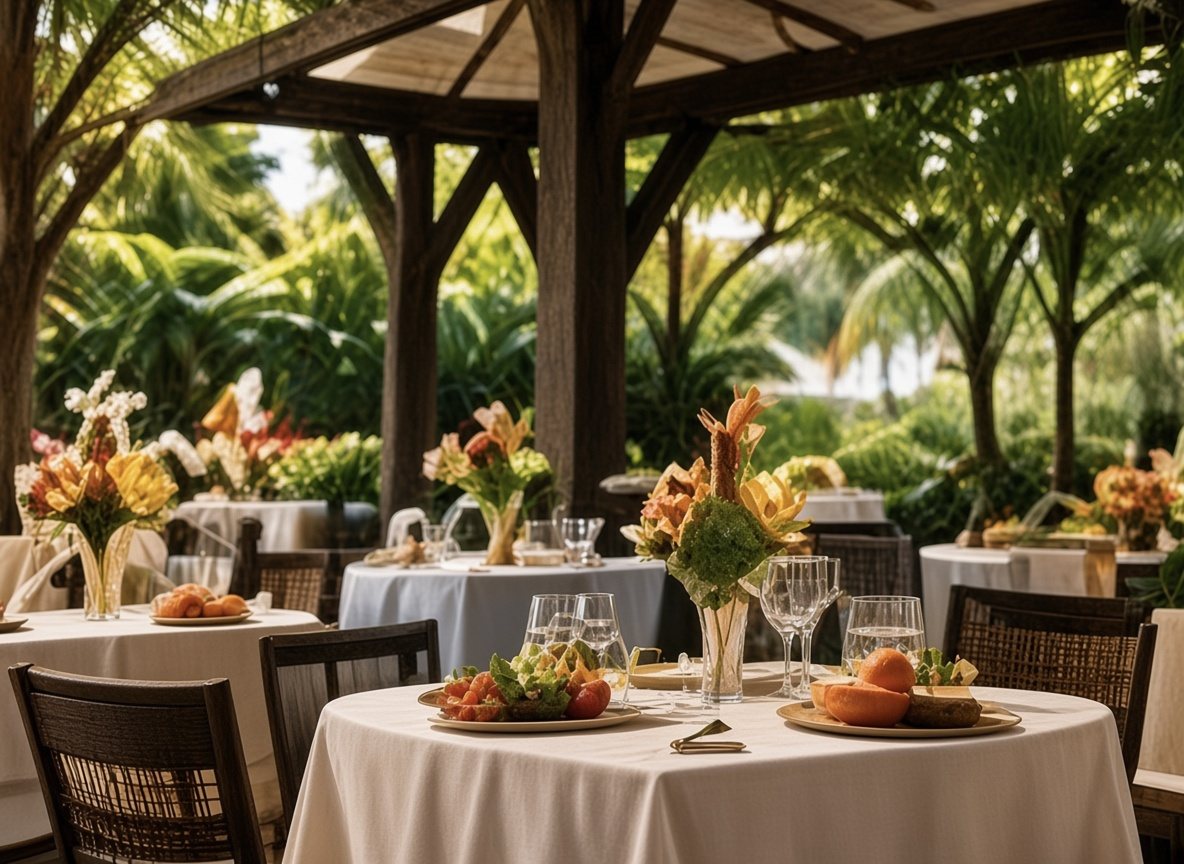 Dining tables set under a garden pavilion