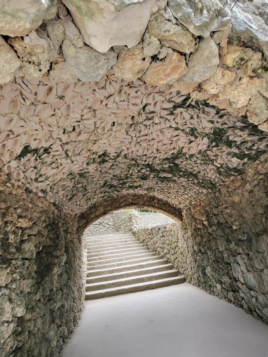 A hand-built stone tunnel opening onto limestone steps